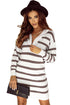 Striped O-Ring Zip Front Collared Drop Shoulder Long Sleeve Sweater Dress